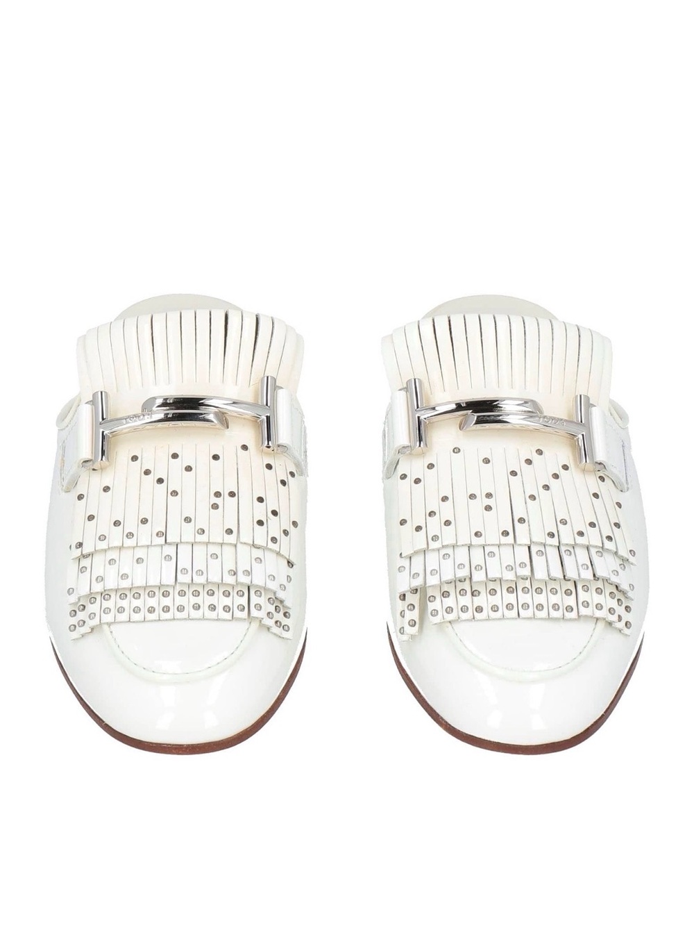 Tod's White Patent Leather Fringe Mule Loafers